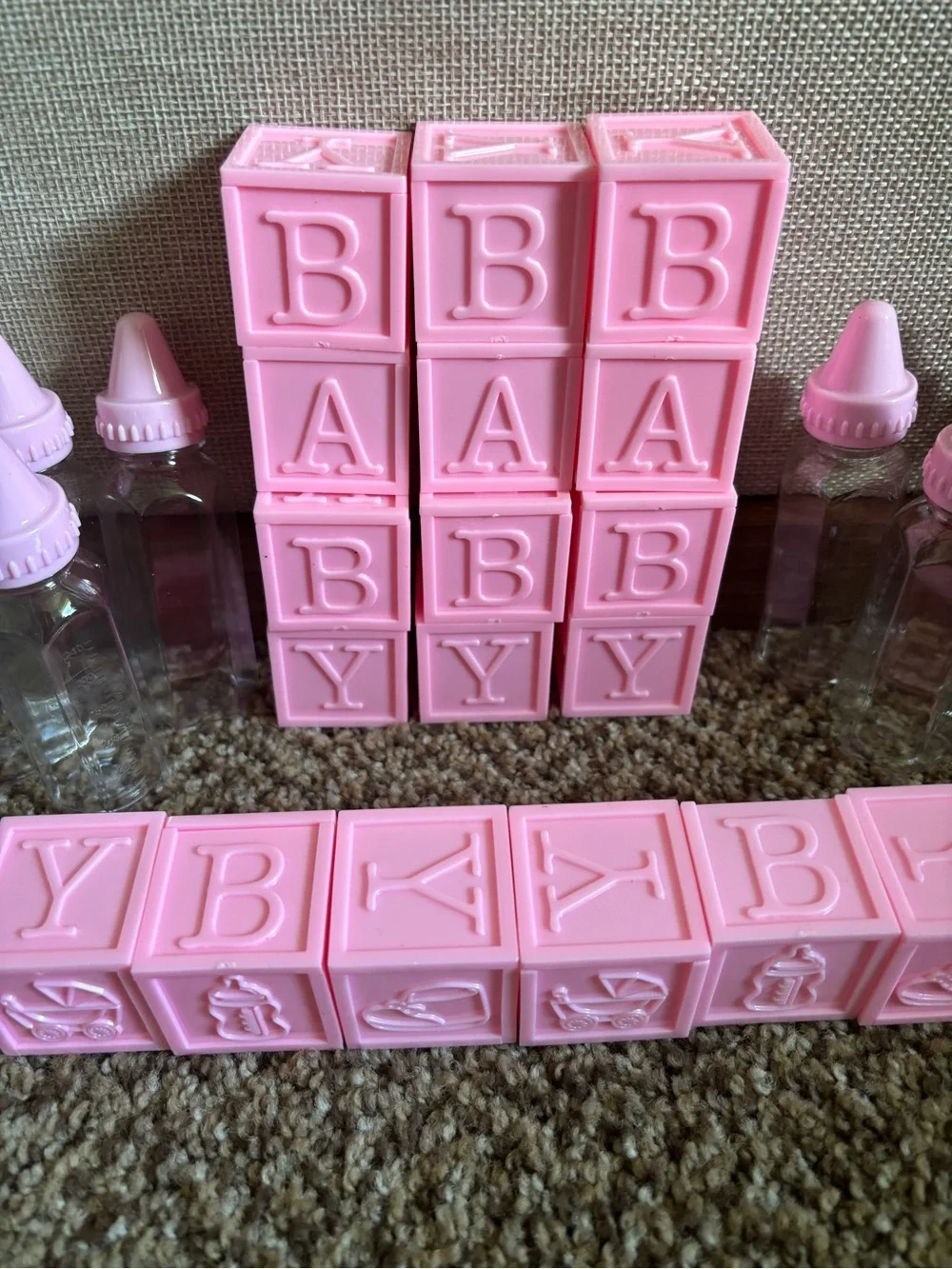 Girl Baby Shower Favor Decorations Pink Baby Letter Blocks and Bottles